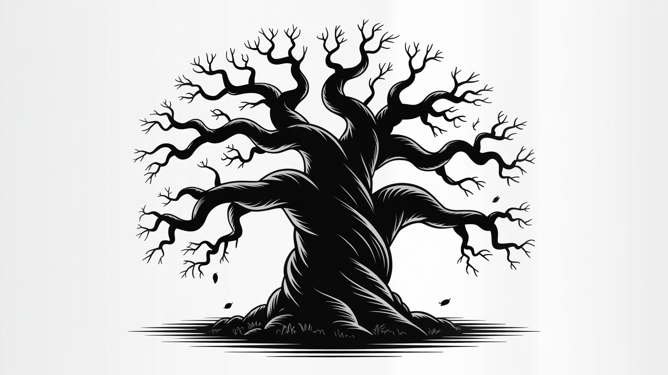 A final design result showing a black and white graphic of a tree with its outlines made extremely thick and bold, demonstrating an outline thickener tool.