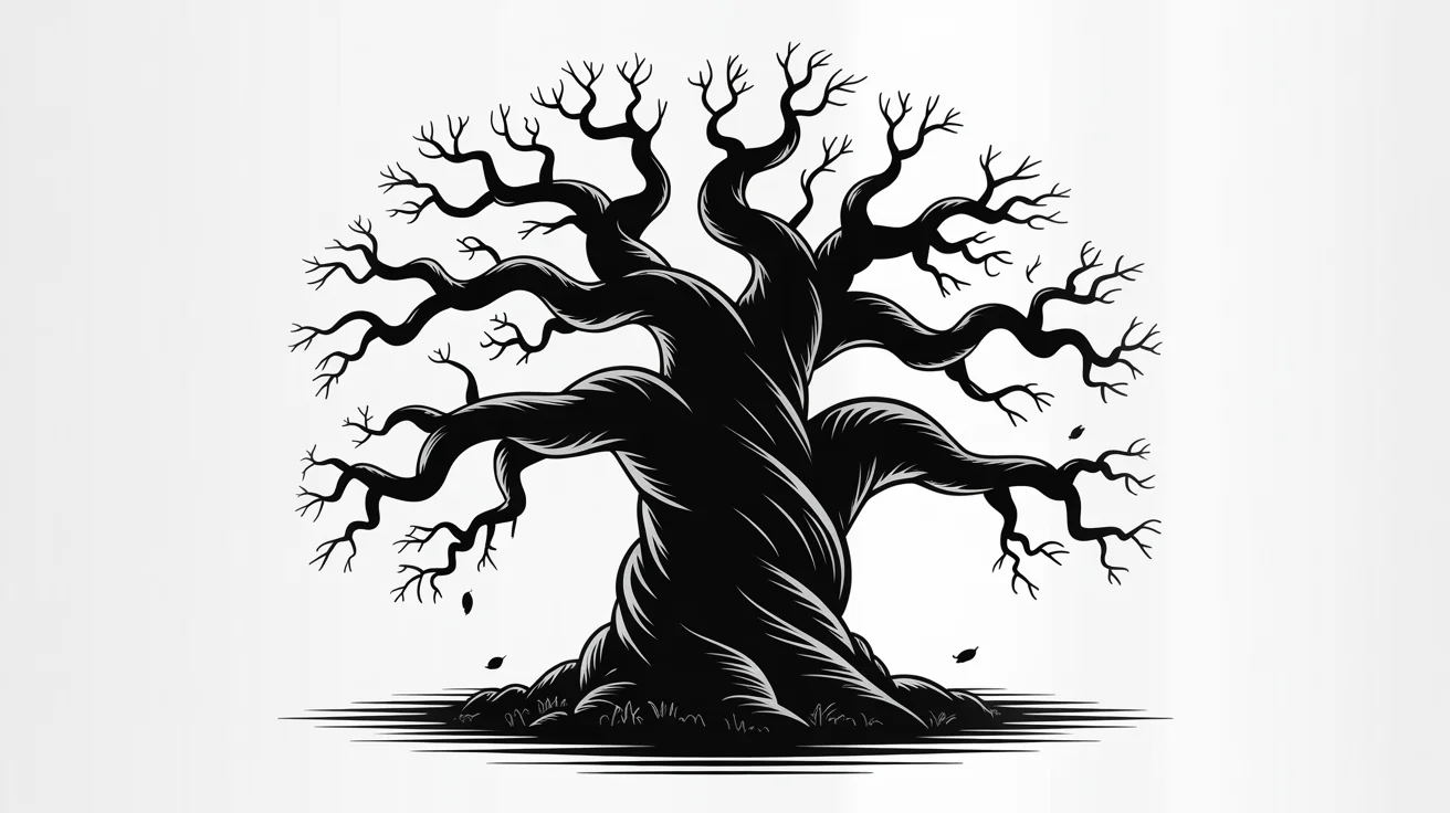 A final design result showing a black and white graphic of a tree with its outlines made extremely thick and bold, demonstrating an outline thickener tool.