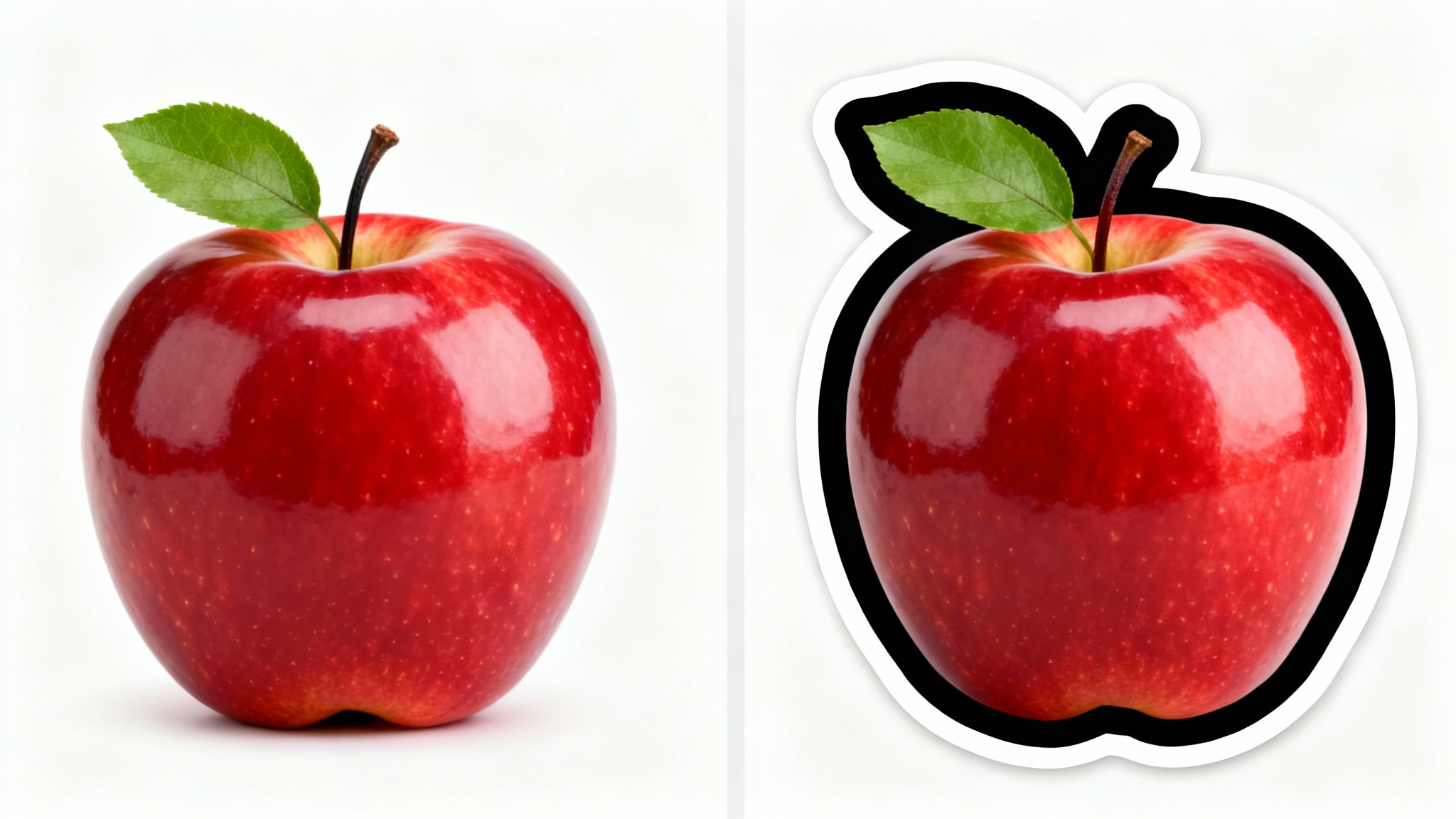 A comparison image showing an apple with a thin outline on the left and the same apple with a very thick, bold outline on the right, illustrating an outline thickener effect.