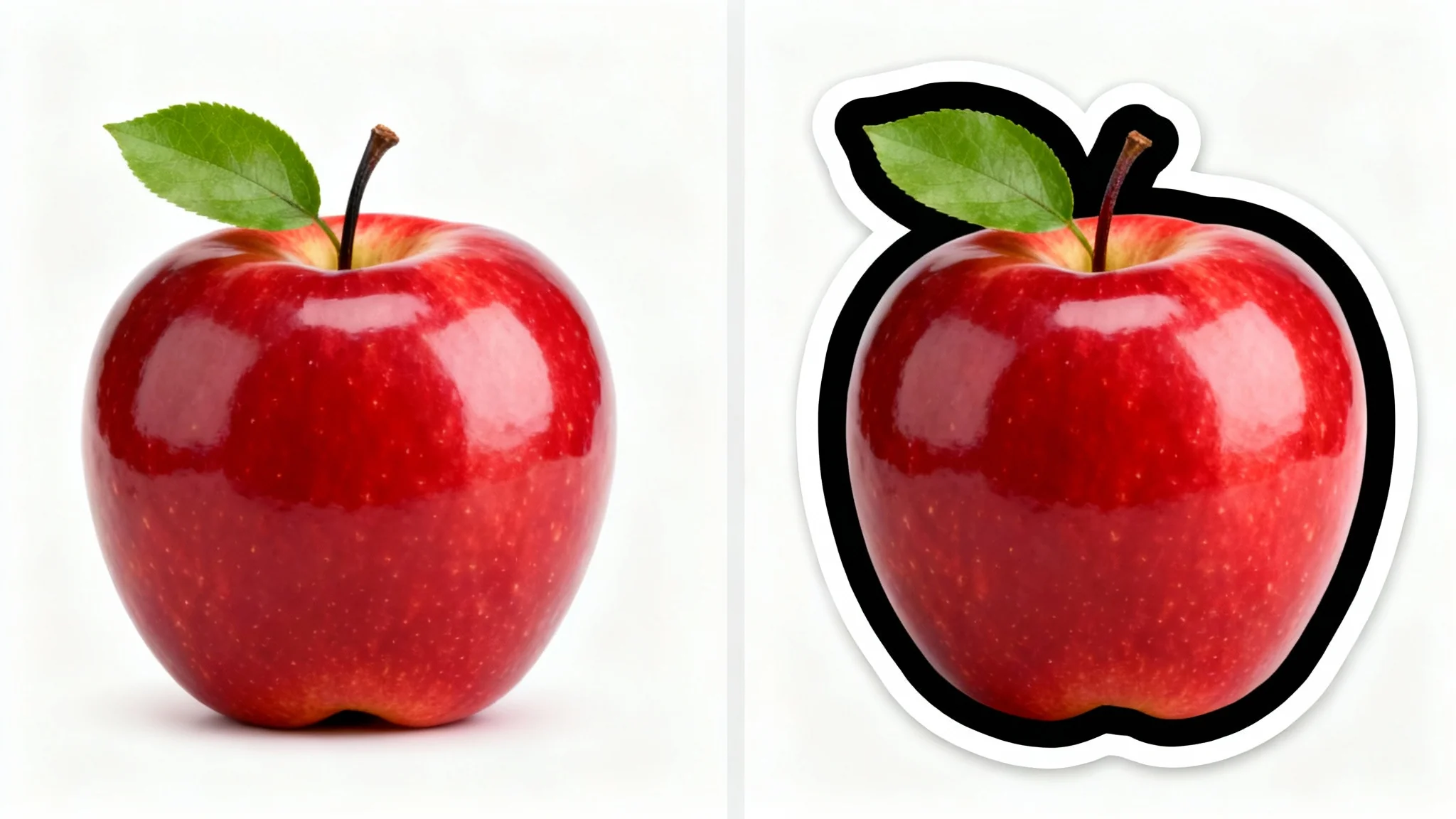 A comparison image showing an apple with a thin outline on the left and the same apple with a very thick, bold outline on the right, illustrating an outline thickener effect.
