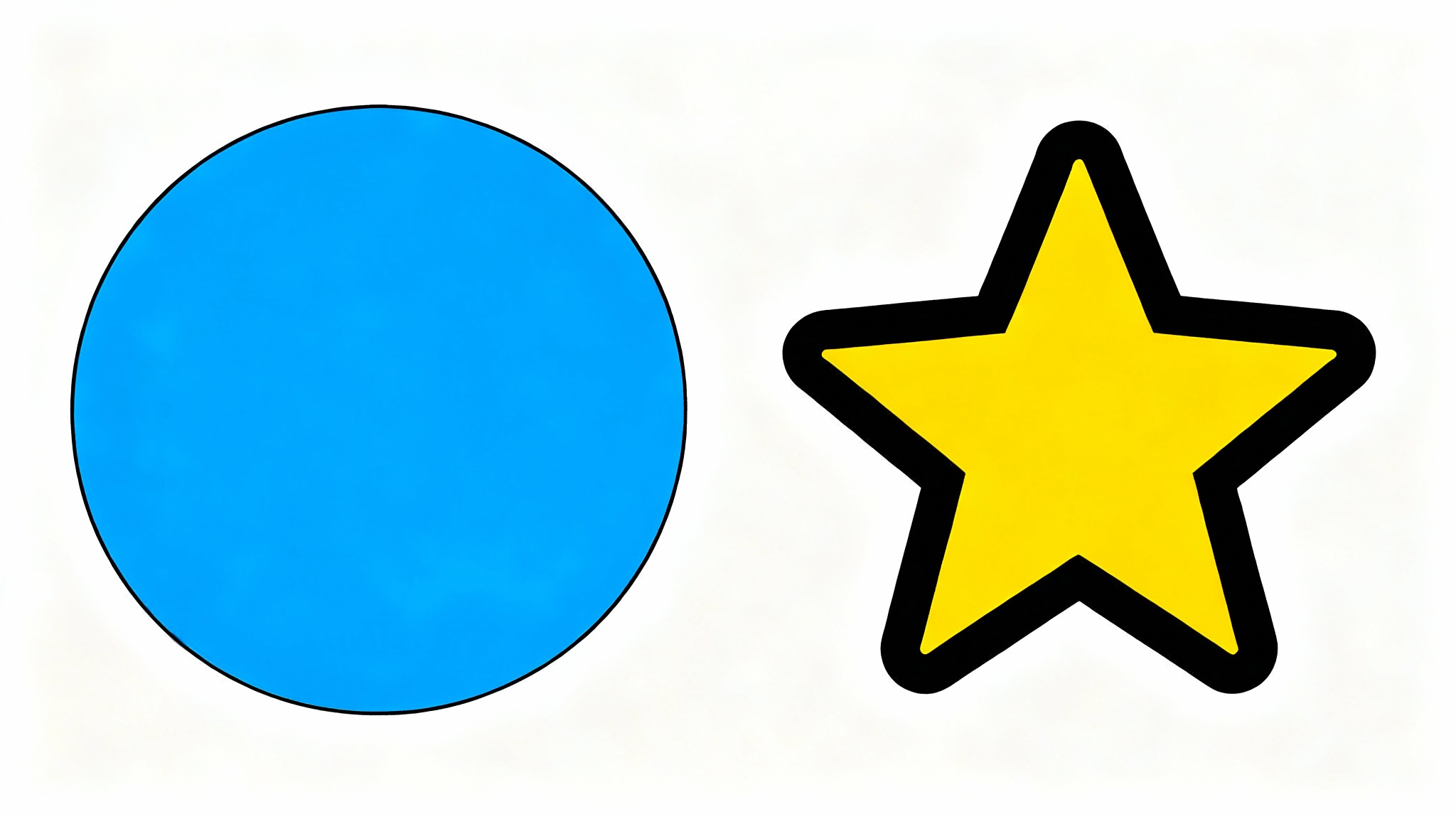 A before-and-after illustration of an outline thickener. On the left, a blue circle and yellow star have thin black outlines. On the right, the same shapes have very thick, bold outlines, making them stand out.