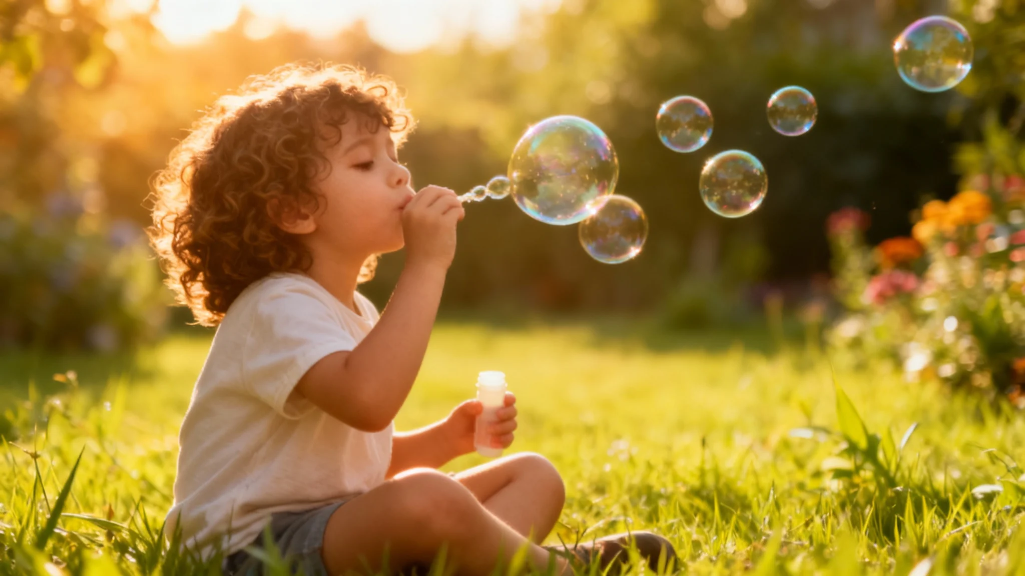 A final result image showing a happy child in a meadow with a beautiful, photorealistic overlay of colorful, translucent soap bubbles floating in the air.