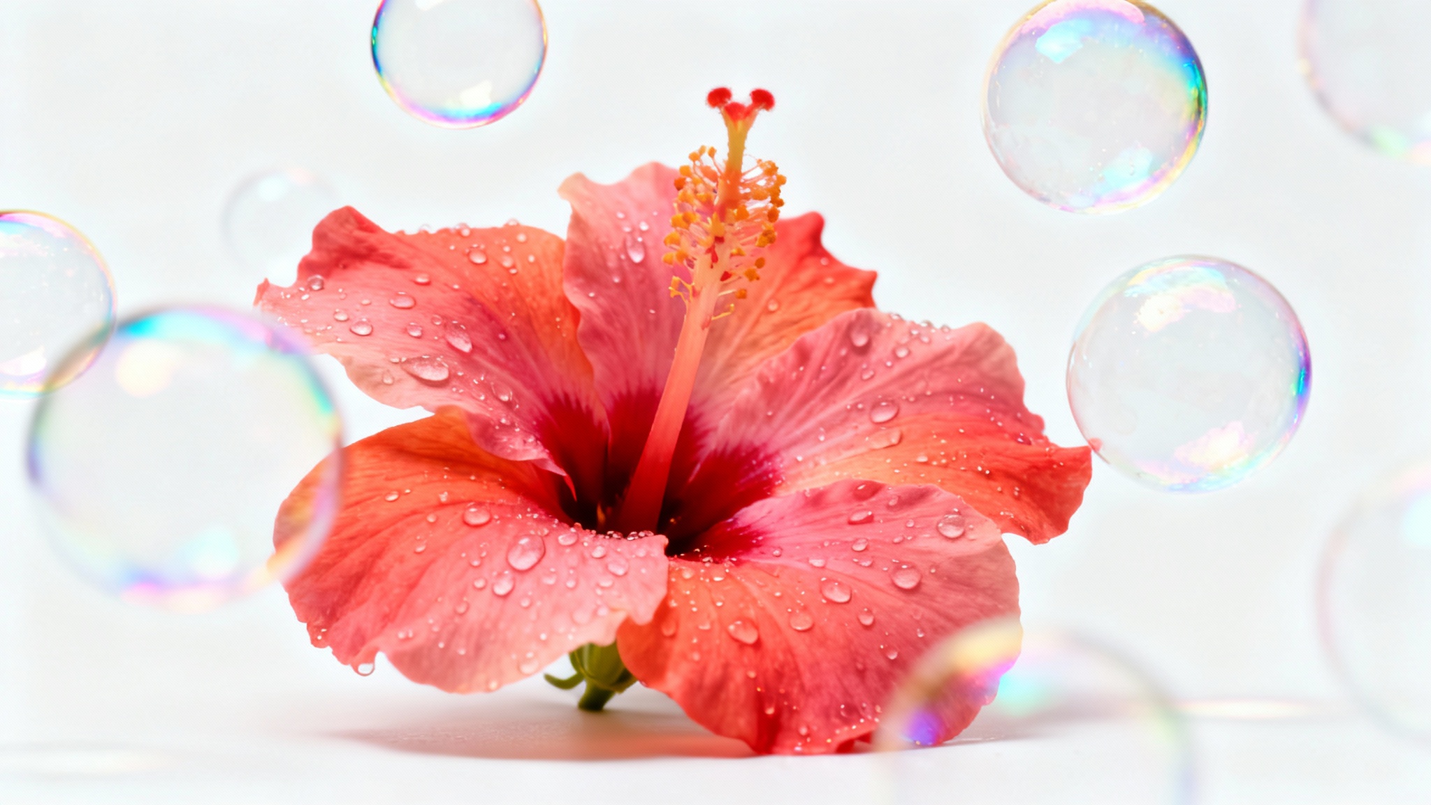 A vibrant tropical flower with a beautiful overlay of iridescent soap bubbles of various sizes, set against a clean white background, demonstrating a bubble overlay effect.