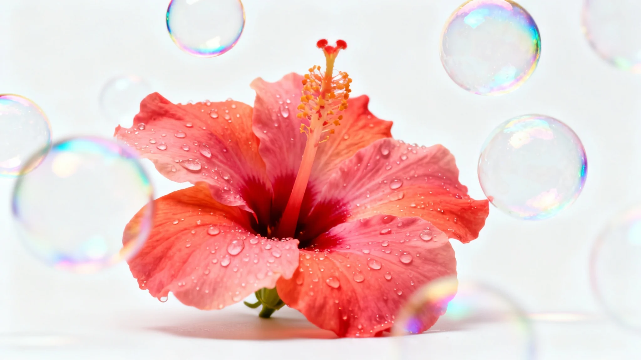 A vibrant tropical flower with a beautiful overlay of iridescent soap bubbles of various sizes, set against a clean white background, demonstrating a bubble overlay effect.