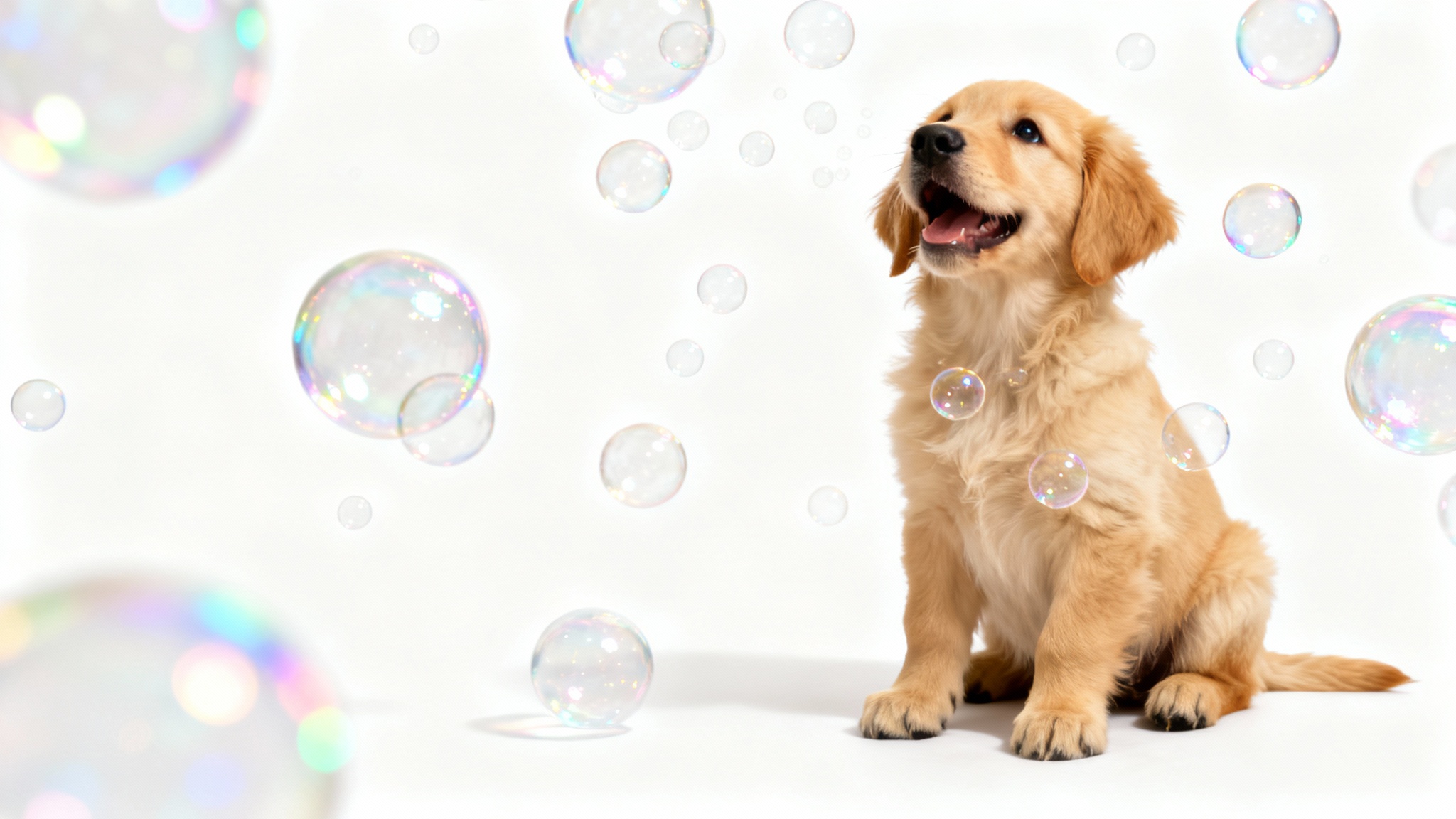 A photorealistic mockup of a happy golden retriever puppy surrounded by a floating bubble overlay against a solid white background.