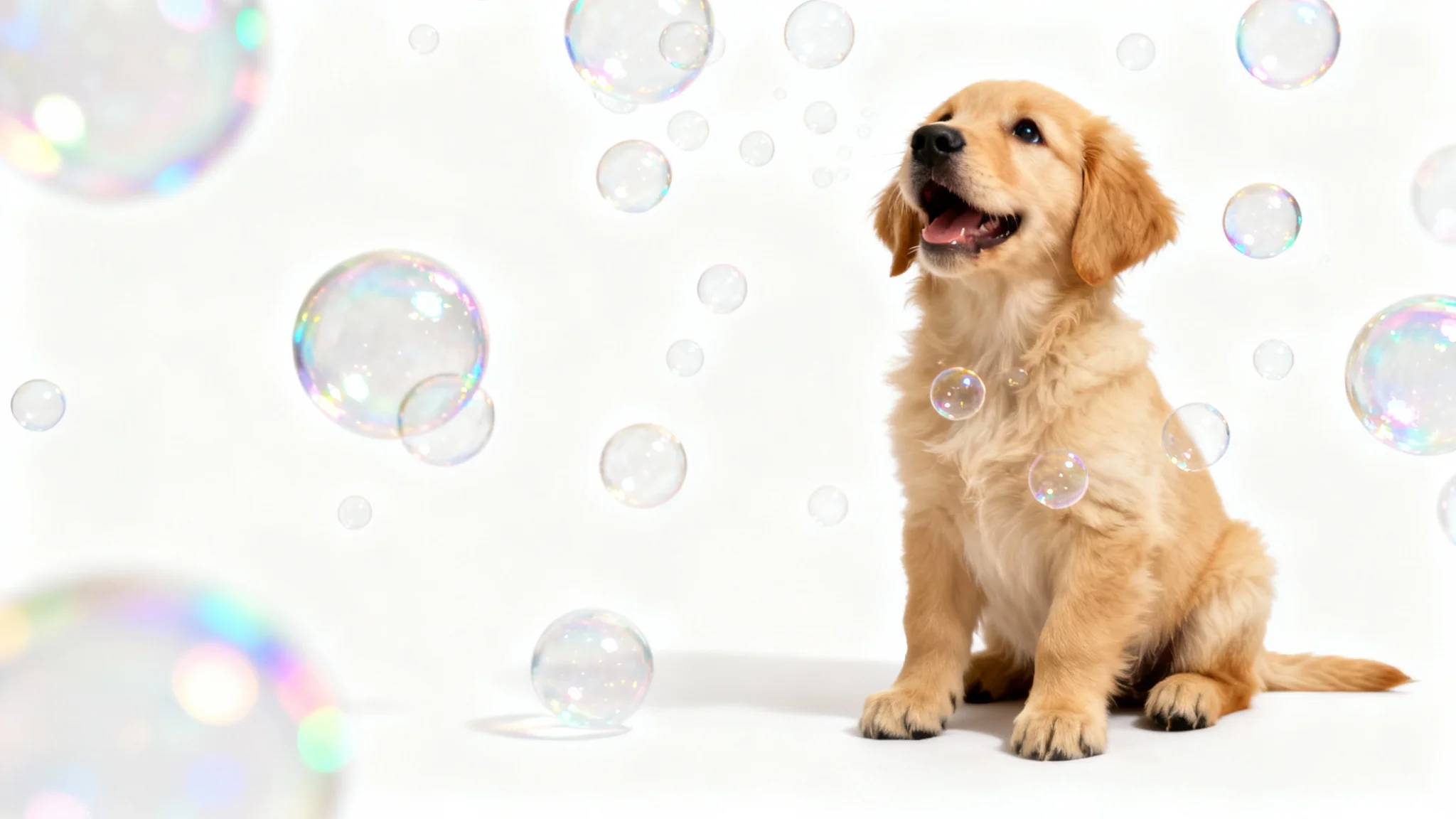 A photorealistic mockup of a happy golden retriever puppy surrounded by a floating bubble overlay against a solid white background.