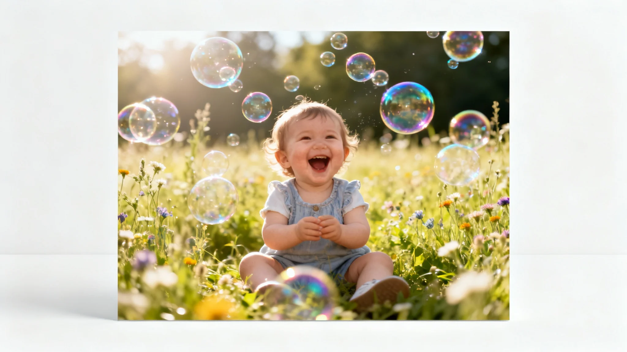 A photo of a happy toddler in a field of flowers, enhanced with a digital overlay of translucent, shimmering soap bubbles, presented as a mockup on a white background.