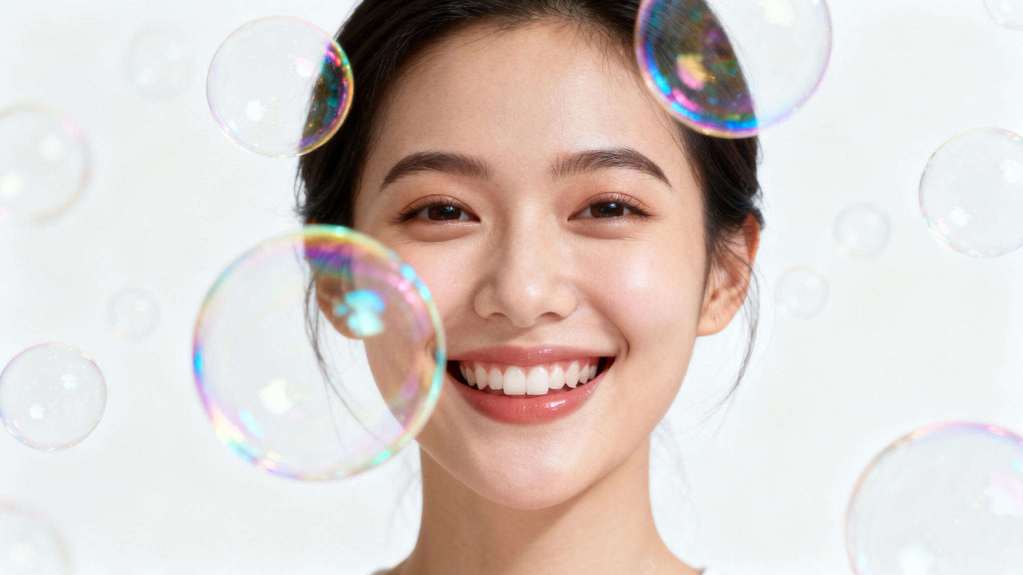 A photorealistic mockup image demonstrating a bubble overlay effect, featuring a close-up portrait of a smiling woman surrounded by floating, iridescent soap bubbles against a clean white background.