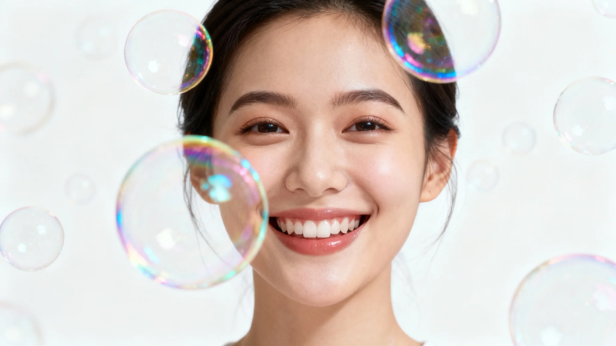 A photorealistic mockup image demonstrating a bubble overlay effect, featuring a close-up portrait of a smiling woman surrounded by floating, iridescent soap bubbles against a clean white background.