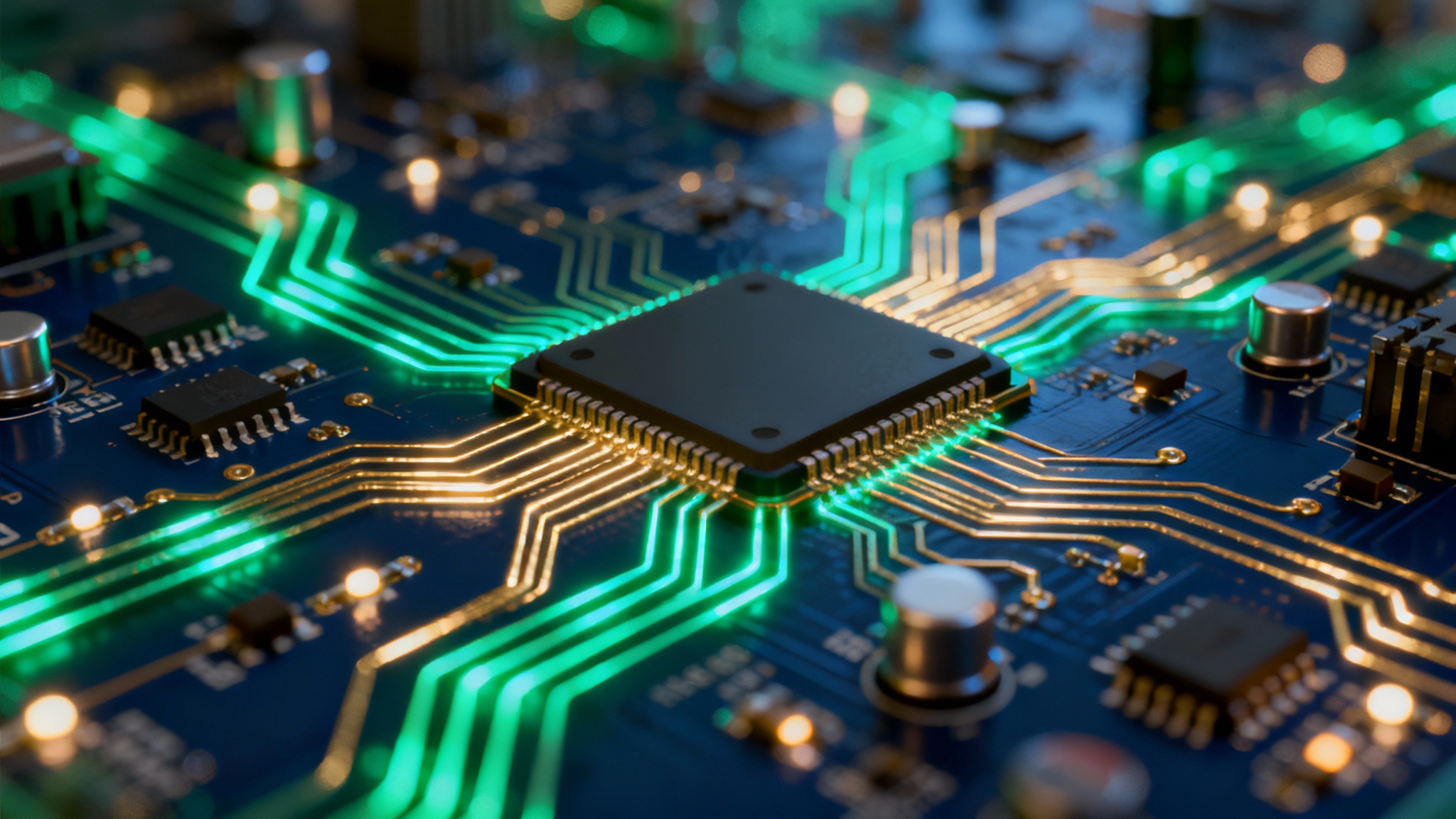 A detailed, high-tech 3D rendering of a circuit board with glowing green and gold pathways on a dark background, representing a generated technology-themed background.