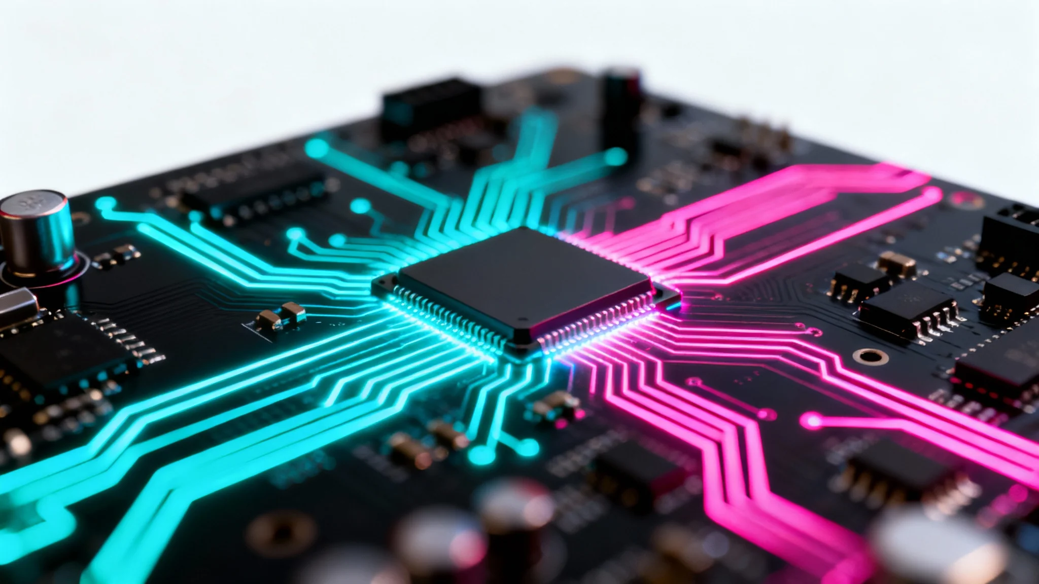 A hyper-realistic, low-angle macro shot of a black circuit board with glowing cyan and magenta pathways, isolated on a stark white background.