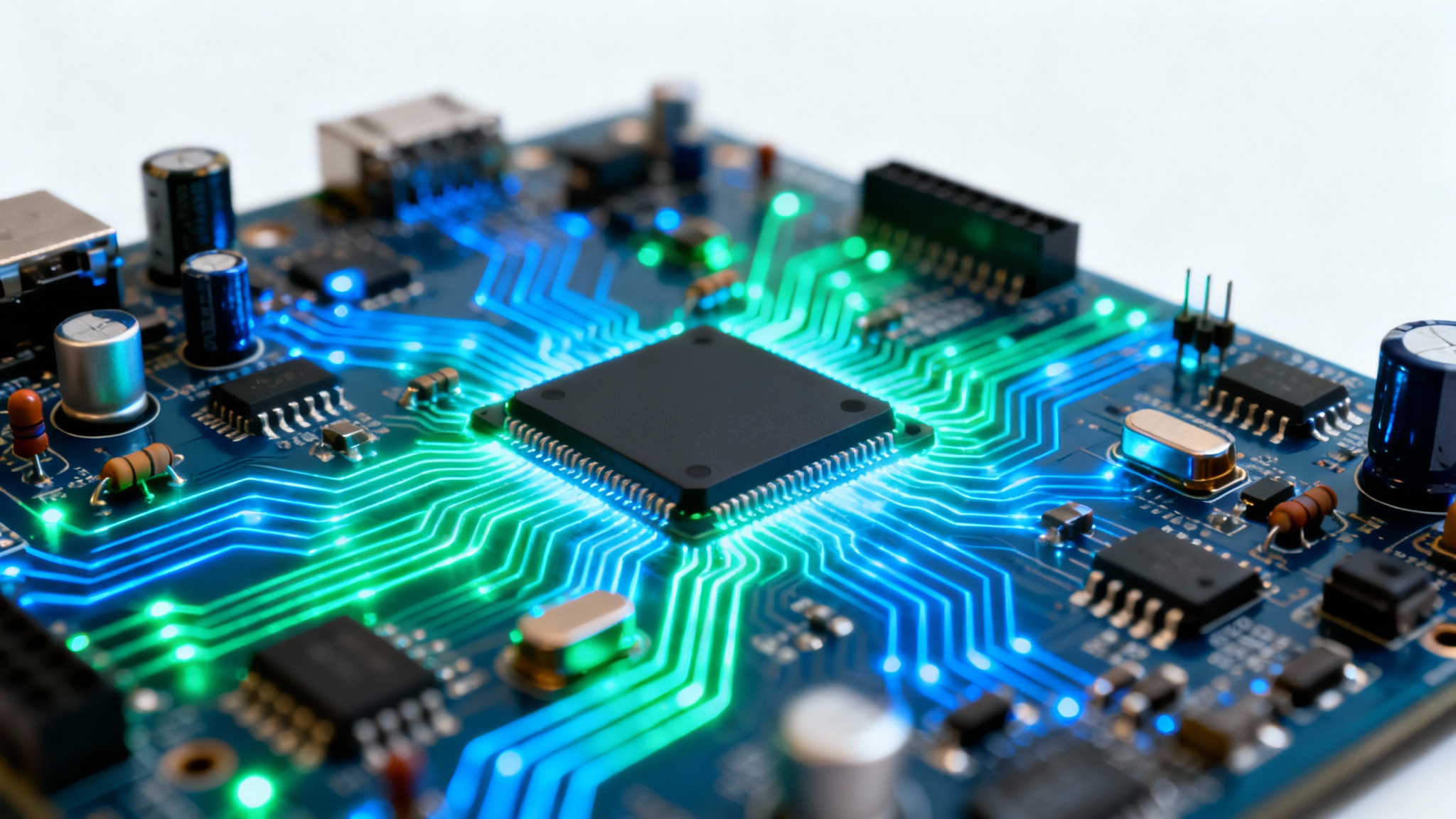 A detailed macro shot of a futuristic circuit board with glowing blue and green pathways on a clean white background, symbolizing advanced technology and data flow.