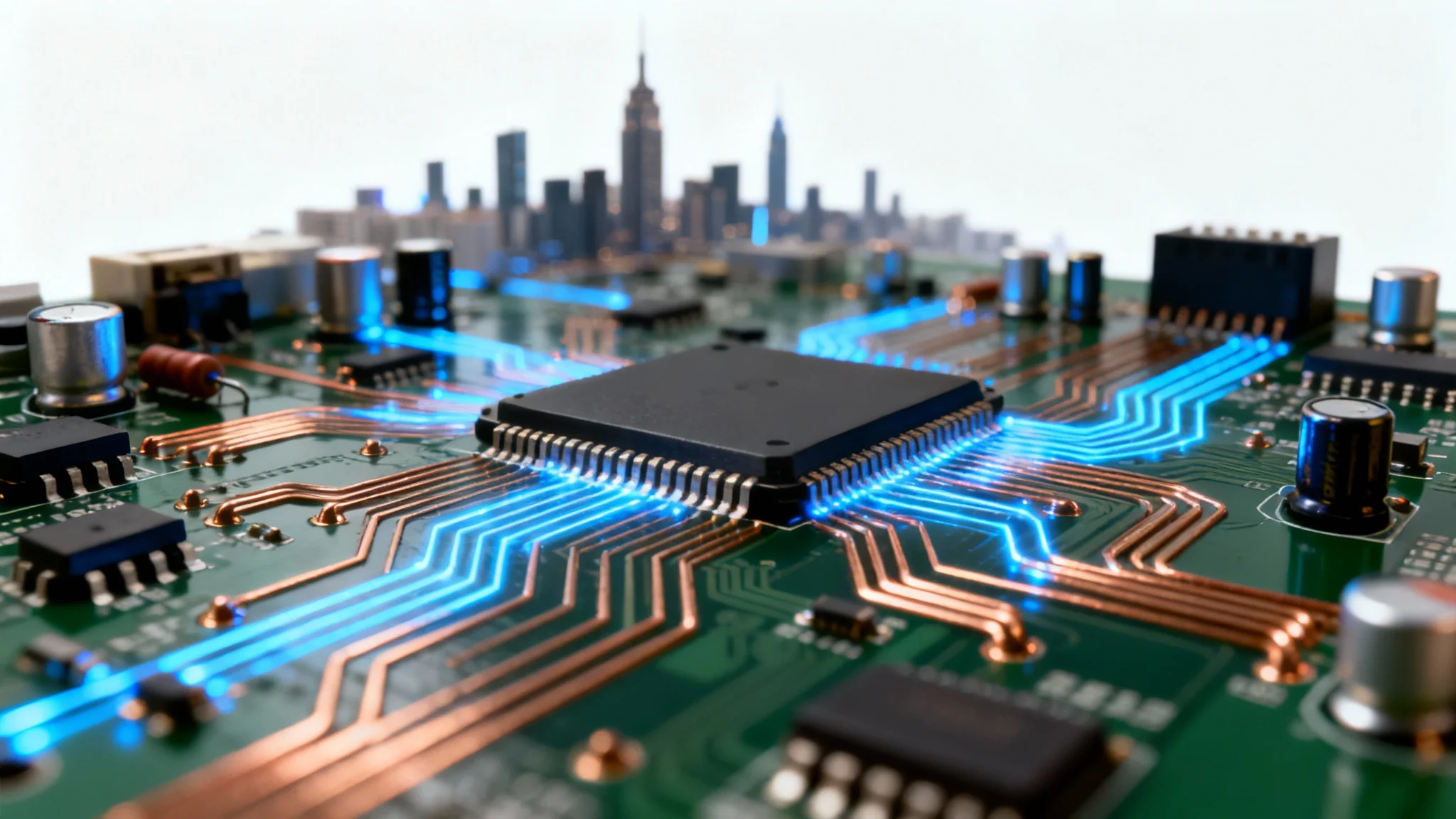 A macro, detailed shot of a high-tech circuit board with glowing blue pathways, set against a stark white background to highlight its complexity.