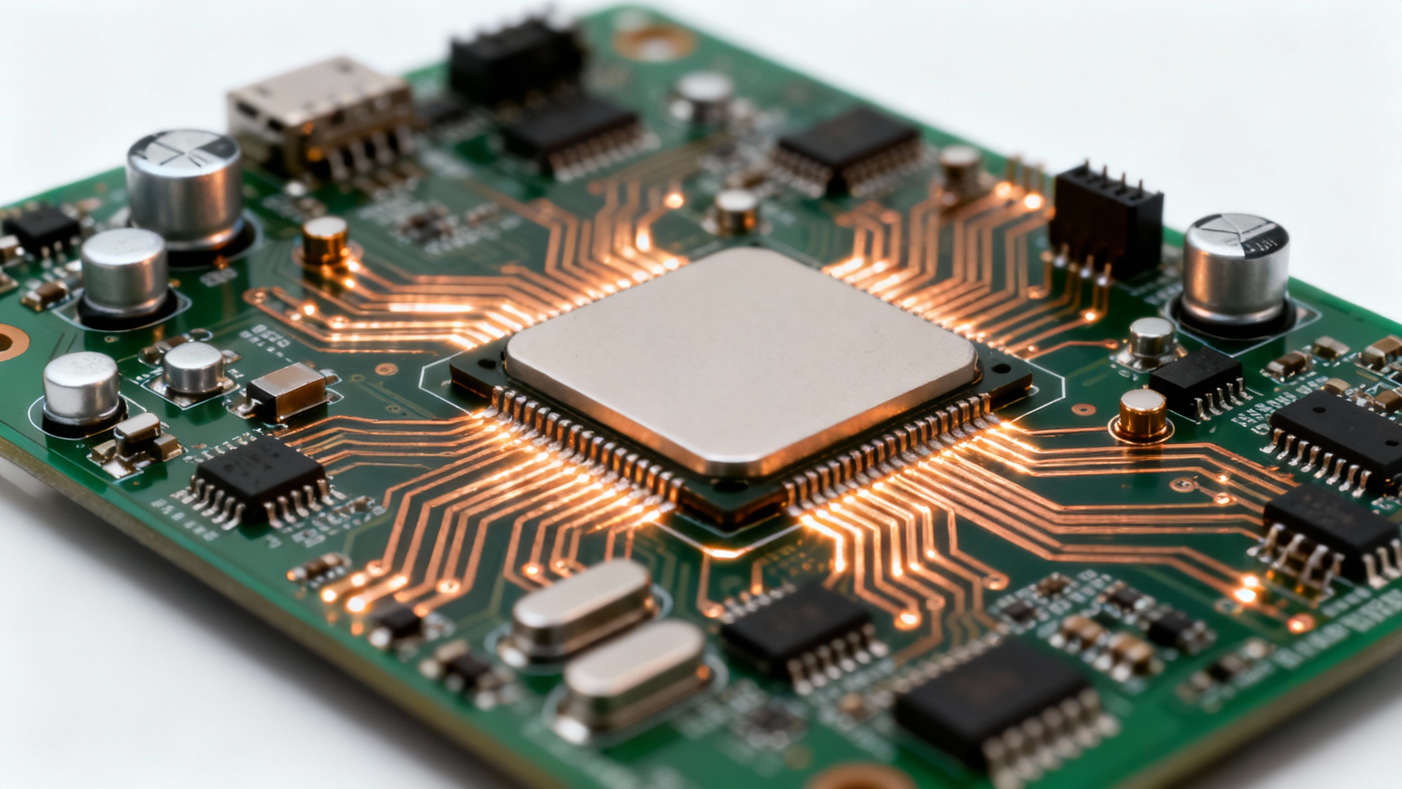 A detailed, close-up macro shot of a green and gold computer circuit board, showing intricate pathways and microchips with a shallow depth of field.