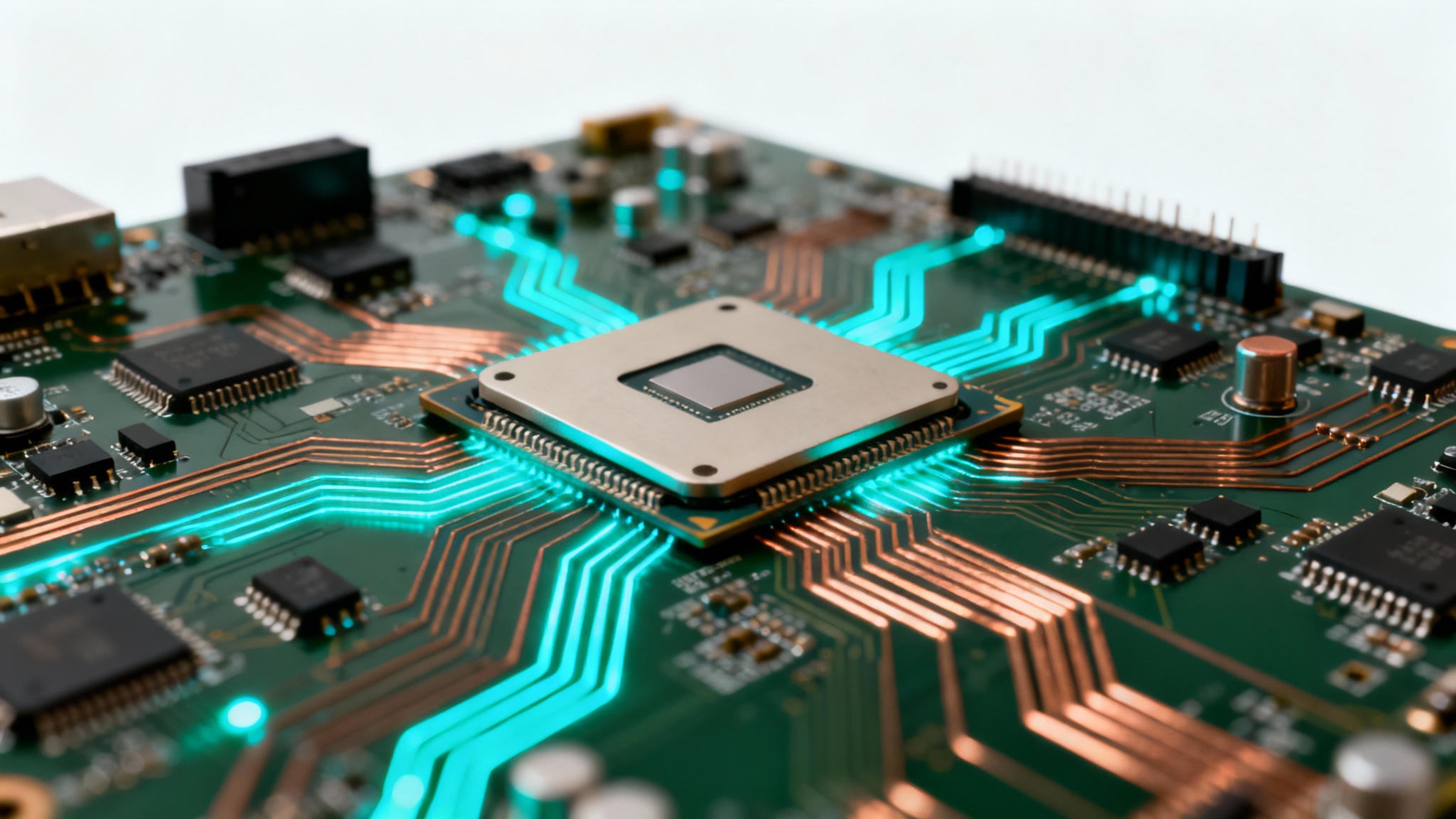 A hyper-realistic, close-up image of a complex circuit board with glowing blue and green pathways, set against a clean white background.