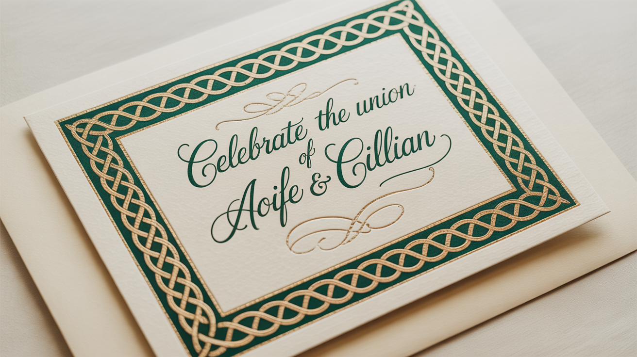 An elegant wedding invitation with a detailed green and gold Celtic knot border on cream paper, representing the final output of a design template.