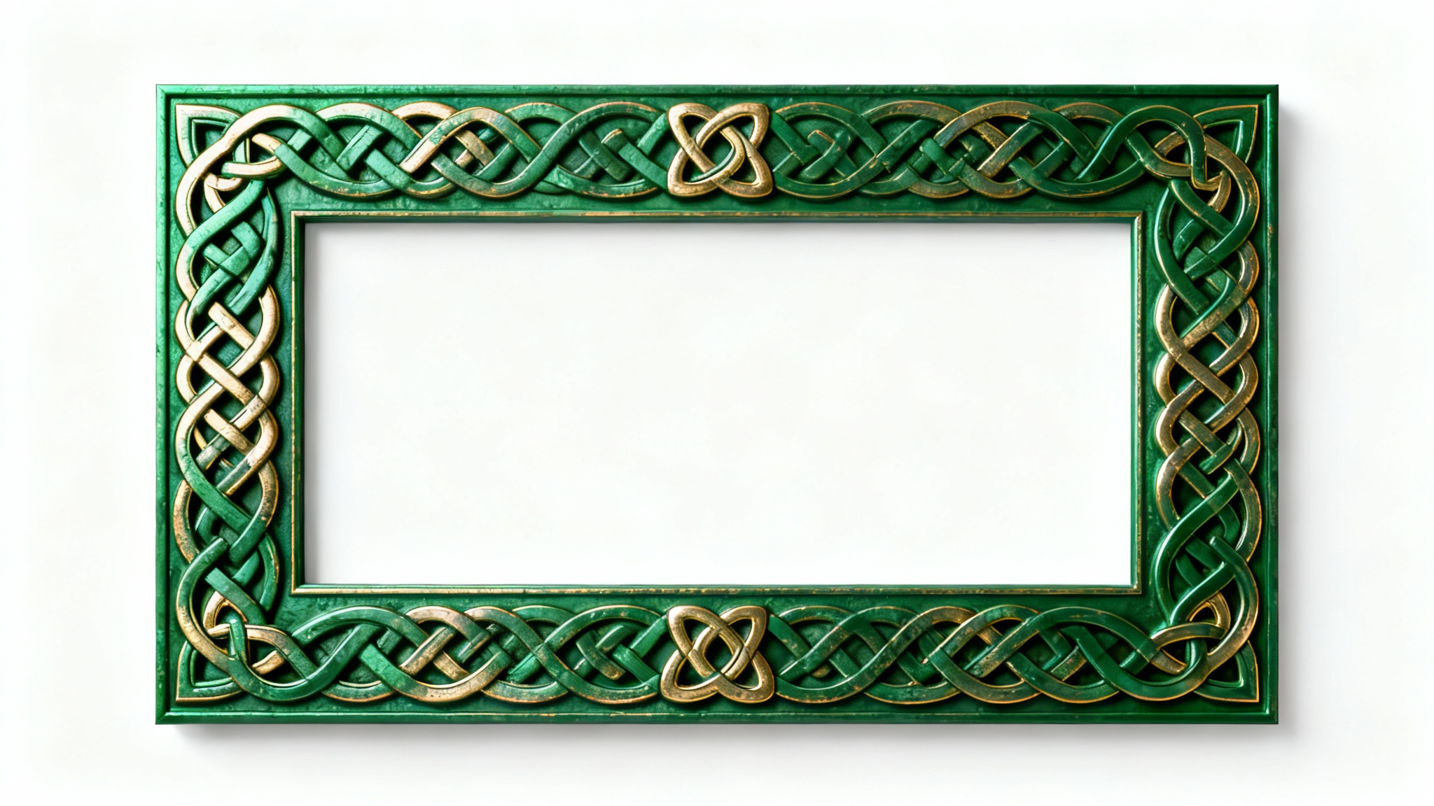 An intricate, rectangular Celtic knot border in emerald green and gold, presented as a mockup on a plain white background.