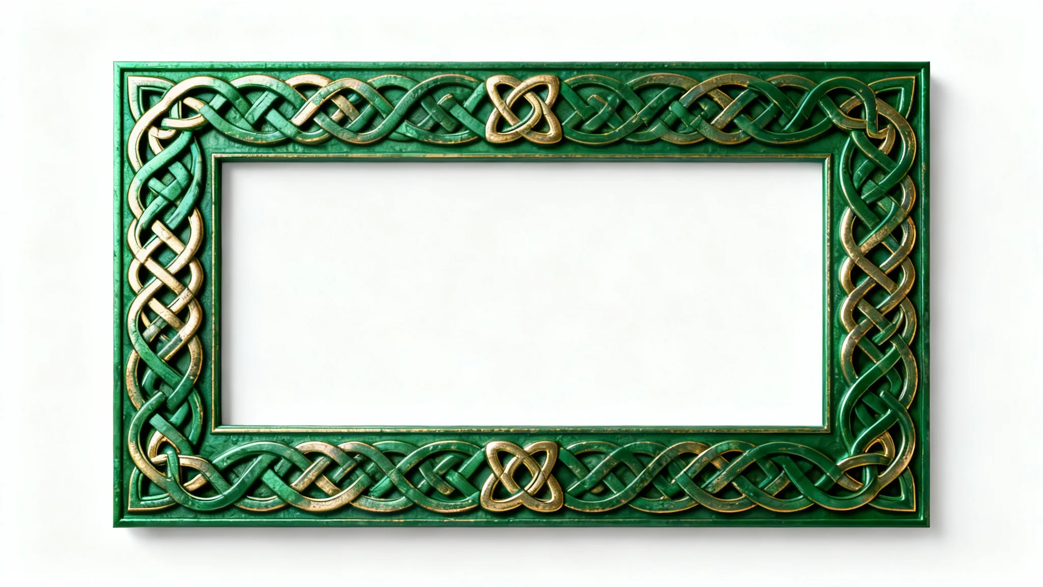 An intricate, rectangular Celtic knot border in emerald green and gold, presented as a mockup on a plain white background.