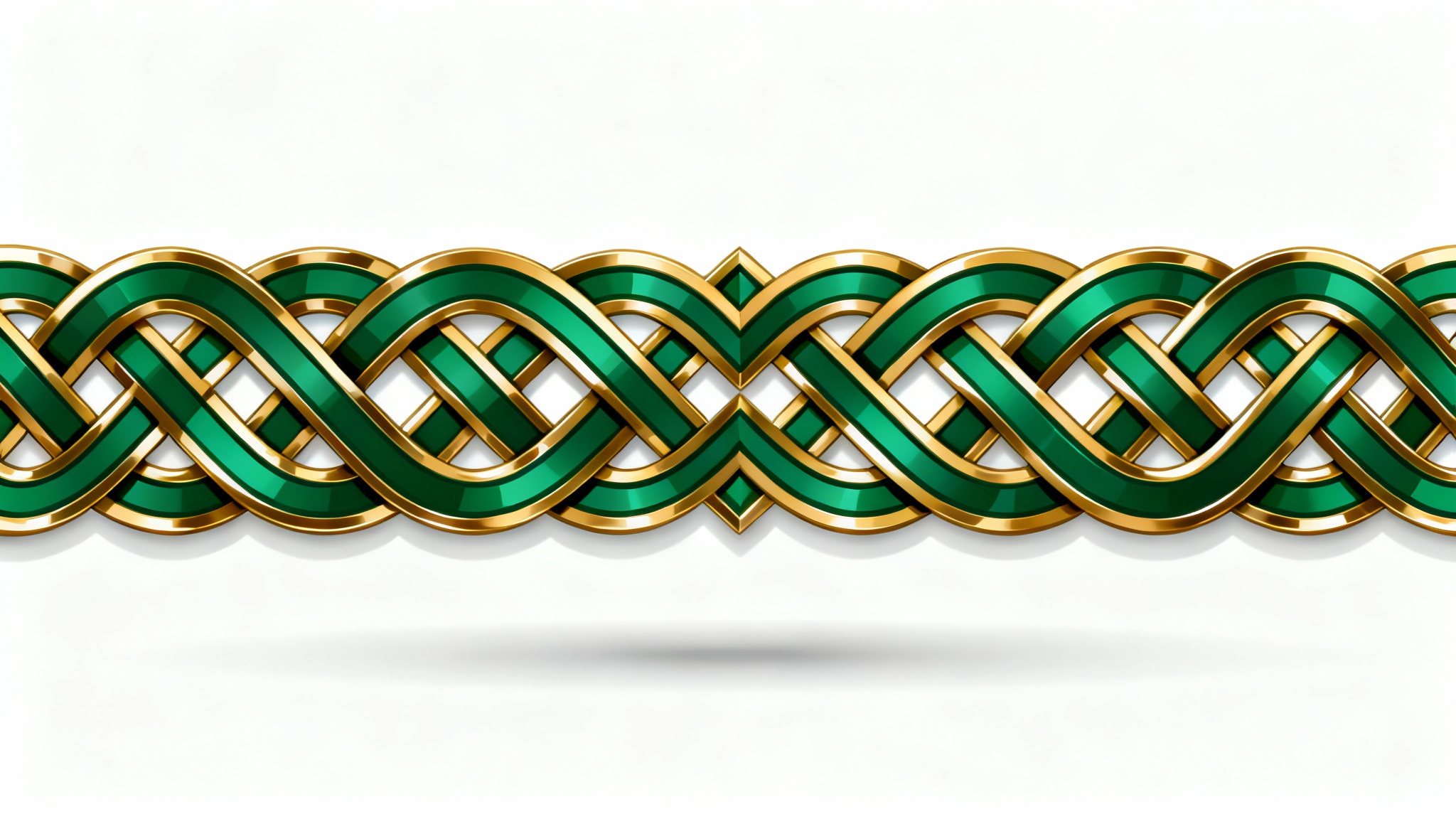 An ornate and intricate Celtic knot border design in emerald green and gold, displayed on a clean white background.