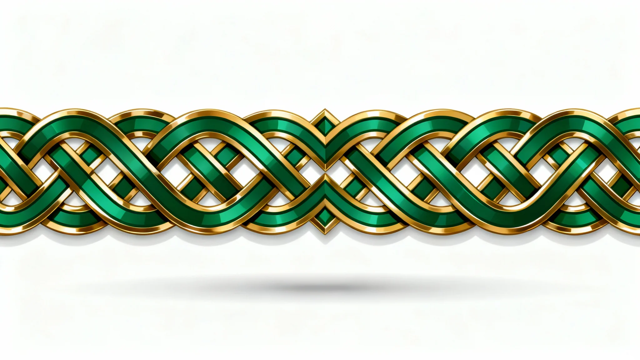 An ornate and intricate Celtic knot border design in emerald green and gold, displayed on a clean white background.