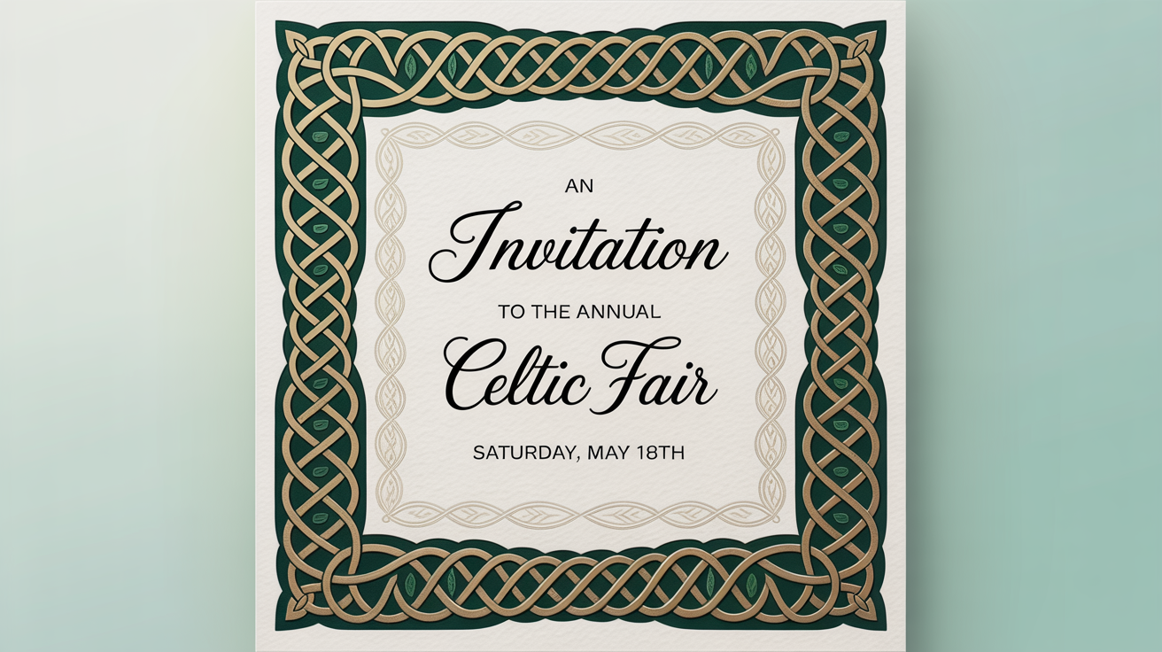A mockup of a square invitation with a detailed green and gold Celtic knot border against a plain white background. The invitation is for the 'Annual Celtic Fair'.