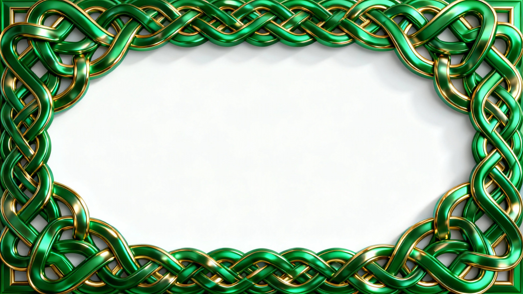 An intricate Celtic knot border in emerald green and gold, framing an empty space on a white background, demonstrating a design mockup.