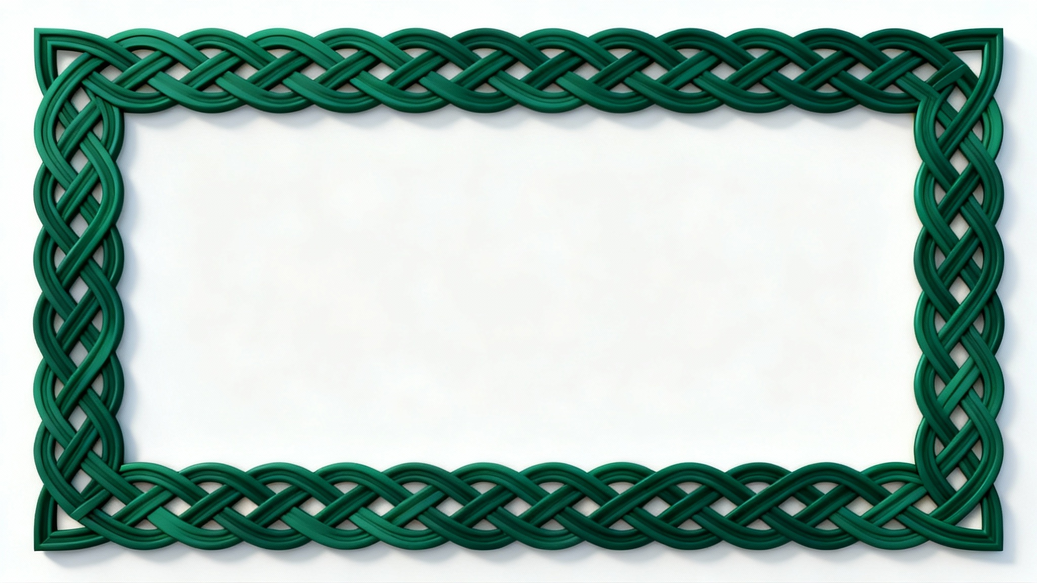 A detailed, digitally rendered Celtic knot border in a rich emerald green, forming a rectangular frame on a clean white background.