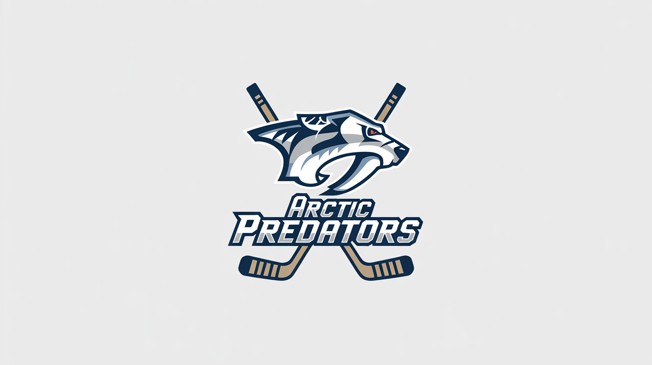 The final result of a hockey logo design, showing a professional logo for the 'Arctic Predators' with a roaring polar bear and crossed hockey sticks in blue, silver, and navy.