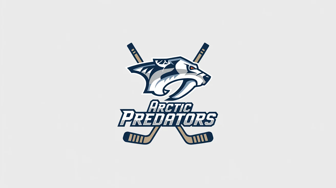 The final result of a hockey logo design, showing a professional logo for the 'Arctic Predators' with a roaring polar bear and crossed hockey sticks in blue, silver, and navy.