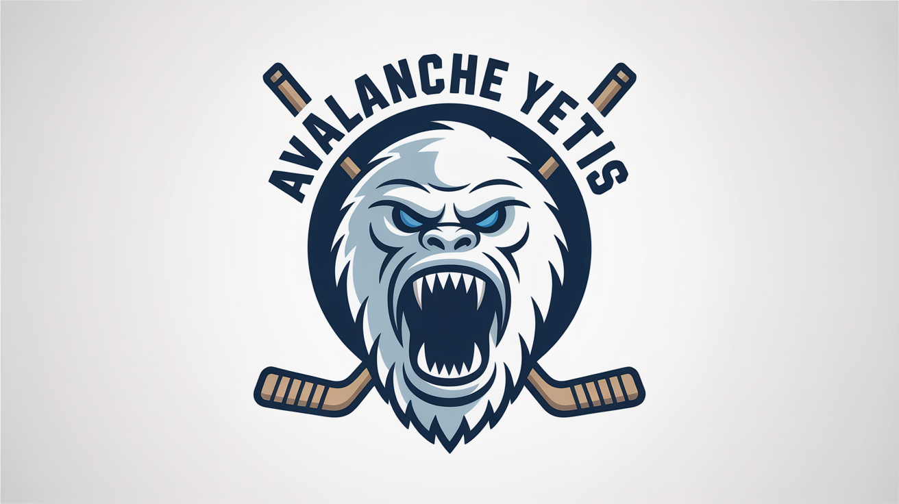 A professionally designed hockey logo for a fictional team called 'The Avalanche Yetis'. The logo features a roaring yeti mascot in white and gray, with two crossed hockey sticks behind it, all enclosed in a navy blue circle on a white background.