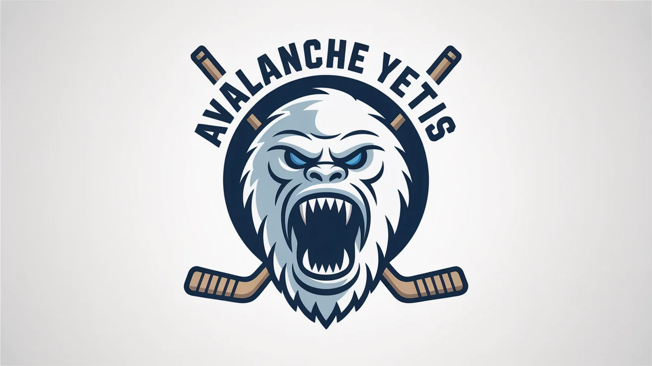 A professionally designed hockey logo for a fictional team called 'The Avalanche Yetis'. The logo features a roaring yeti mascot in white and gray, with two crossed hockey sticks behind it, all enclosed in a navy blue circle on a white background.