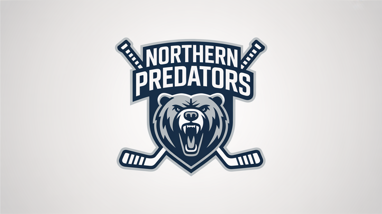 A professional hockey logo for a fictional team, the 'Northern Predators'. The logo is an emblem featuring a stylized, snarling grizzly bear head in navy blue and silver, with crossed hockey sticks behind it, all on a solid white background.