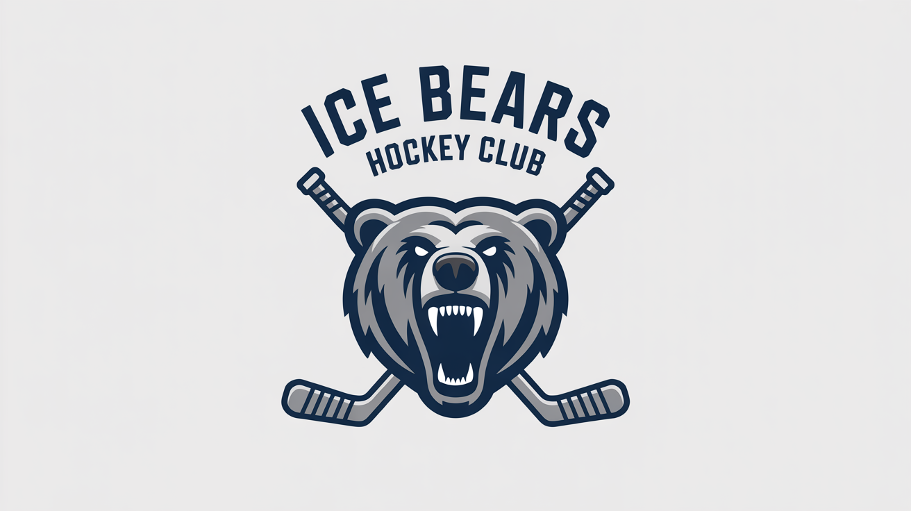 A professional hockey logo featuring a roaring grizzly bear head with crossed hockey sticks behind it. The team name 'Ice Bears Hockey Club' is part of the design, which uses navy blue, silver, and white colors against a white background.