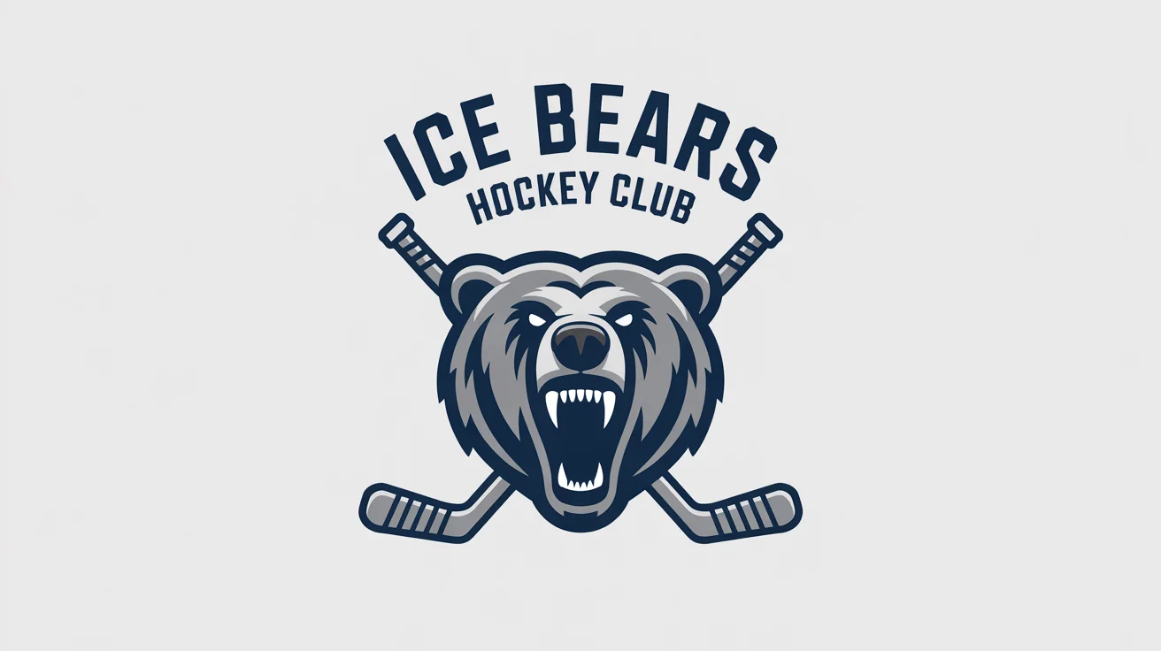 A professional hockey logo featuring a roaring grizzly bear head with crossed hockey sticks behind it. The team name 'Ice Bears Hockey Club' is part of the design, which uses navy blue, silver, and white colors against a white background.