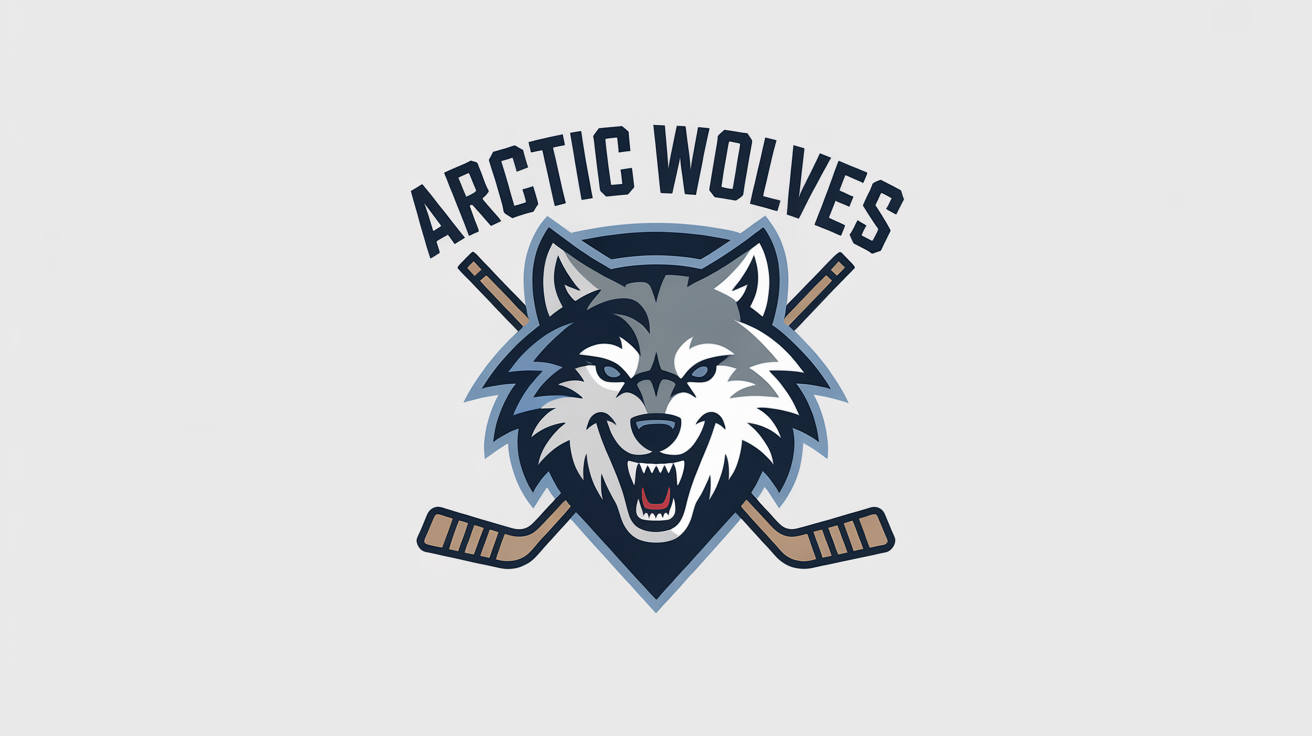 A professional hockey logo for the 'Arctic Wolves' featuring a fierce wolf mascot head, crossed hockey sticks, and a shield design, all on a clean white background.