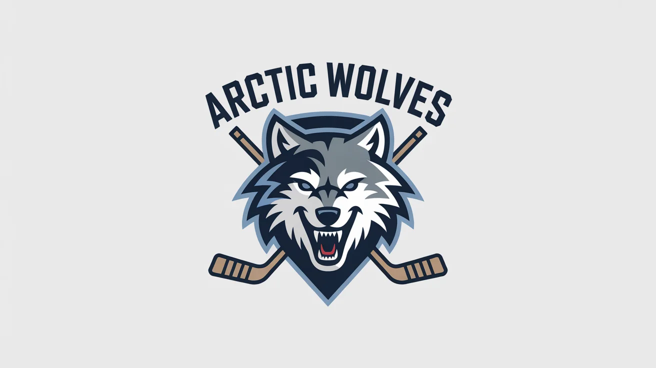 A professional hockey logo for the 'Arctic Wolves' featuring a fierce wolf mascot head, crossed hockey sticks, and a shield design, all on a clean white background.
