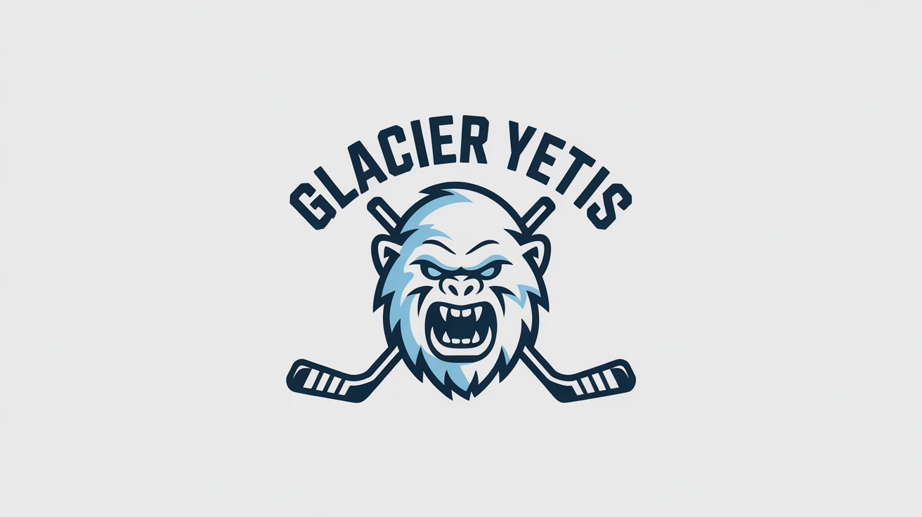 A professional hockey logo for the 'Glacier Yetis', featuring a fierce yeti head and crossed hockey sticks. The design is modern and uses a blue and white color palette, isolated on a white background.