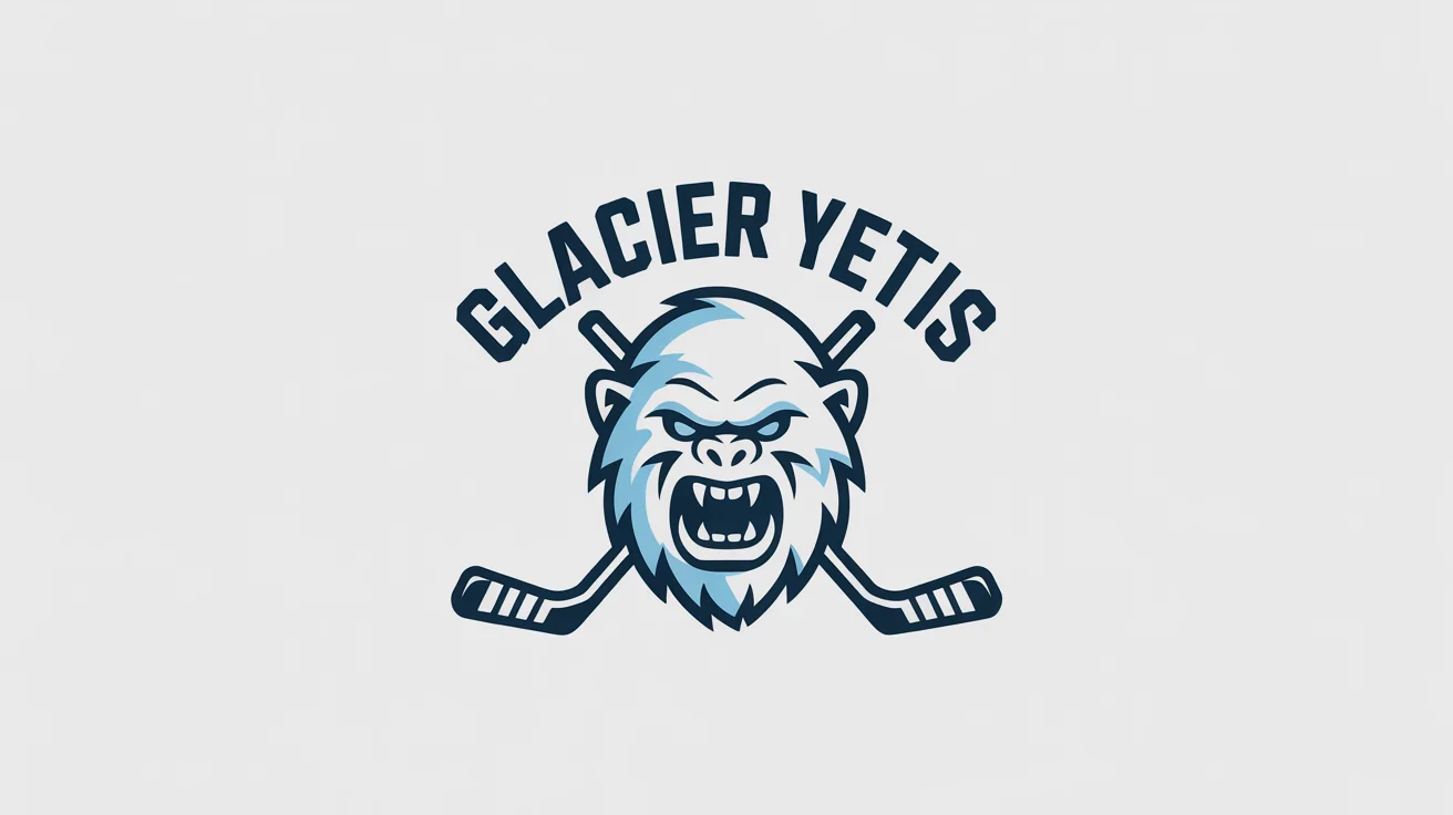 A professional hockey logo for the 'Glacier Yetis', featuring a fierce yeti head and crossed hockey sticks. The design is modern and uses a blue and white color palette, isolated on a white background.