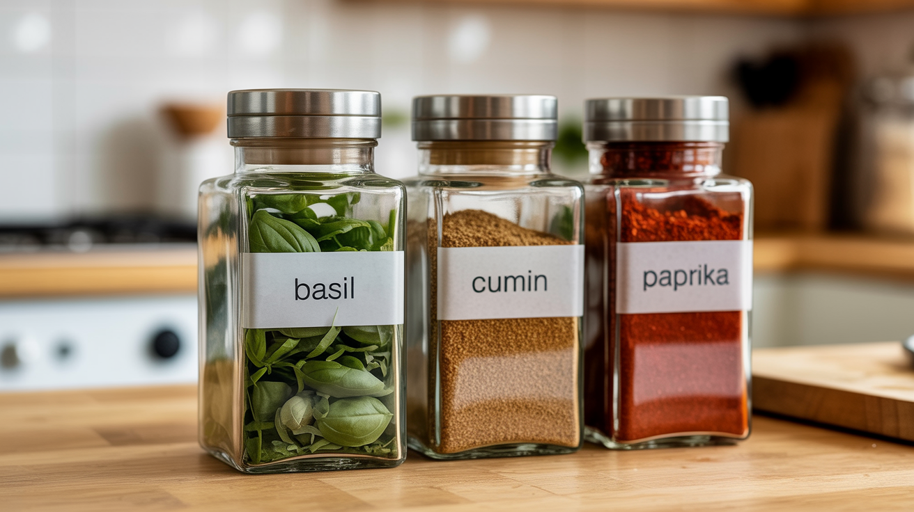 A professional mockup of three modern spice jars containing basil, cumin, and paprika, each with a beautifully designed typographic label, presented in a bright kitchen setting.
