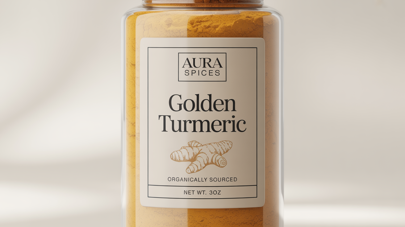 A photorealistic mockup of a clear glass spice jar filled with golden turmeric, featuring a modern, elegant label for 'Aura Spices' brand 'Golden Turmeric' on a clean white background.