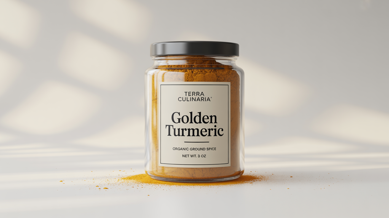 A photorealistic mockup of a glass jar of 'Golden Turmeric' from the brand 'Terra Culinaria', featuring a modern, minimalist label against a clean white background.