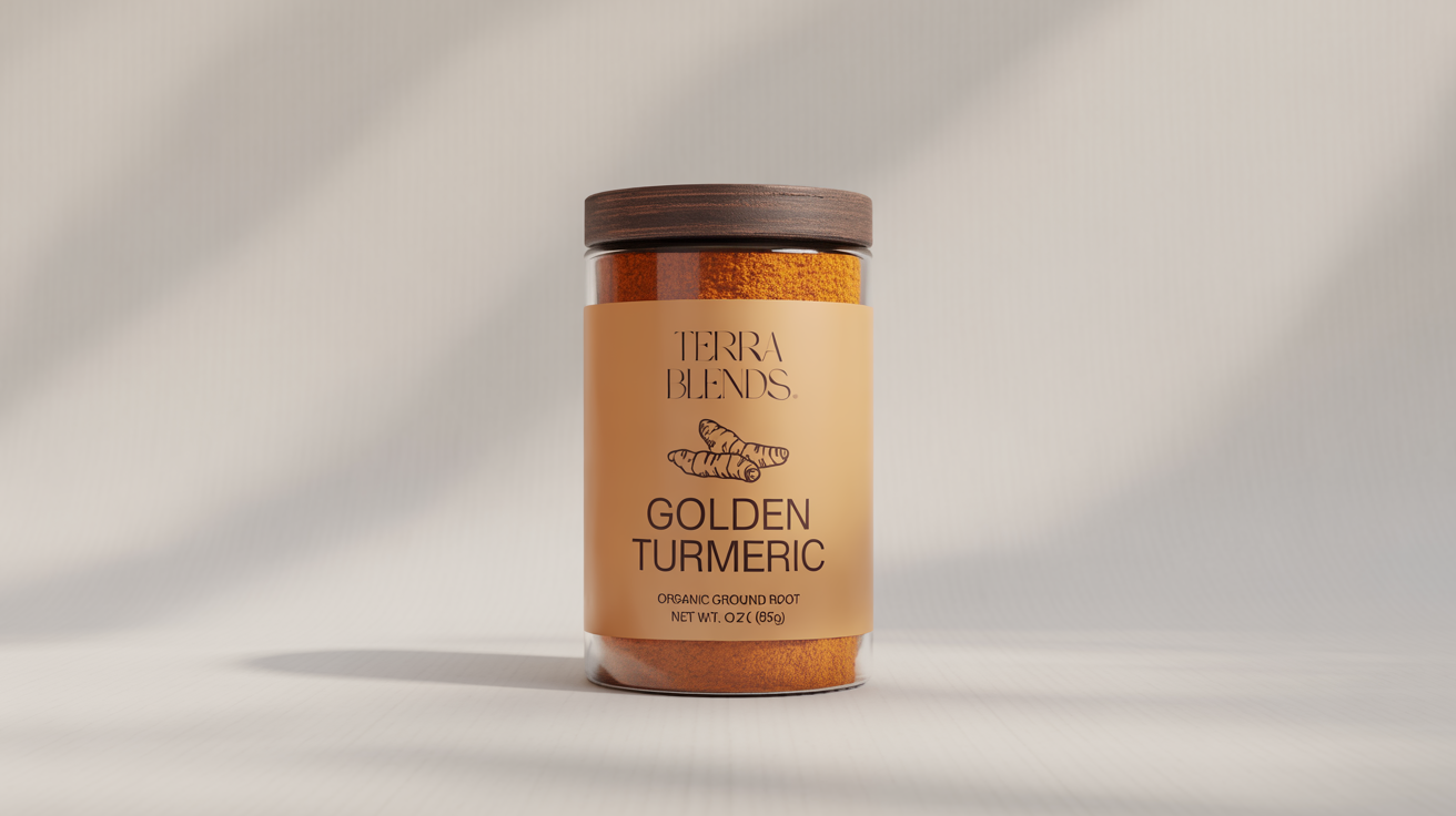 A photorealistic mockup of a glass spice jar of turmeric with a dark wood lid. The jar features a modern, custom label for 'Terra Blends Golden Turmeric' and is set against a clean white background.