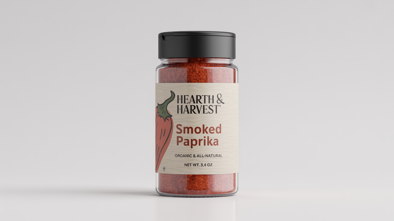 A professional product mockup of a glass spice jar filled with red paprika, featuring a custom label that reads 'Hearth & Harvest, Smoked Paprika'.