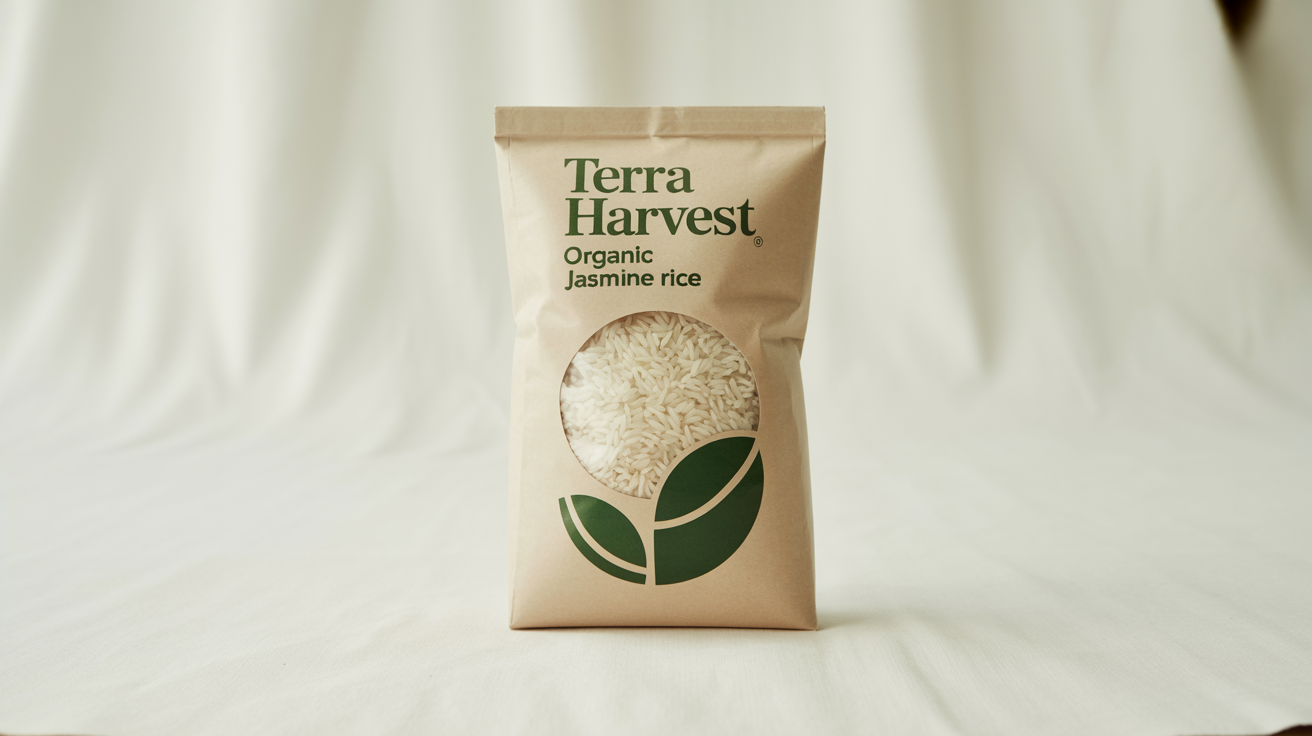 A product mockup of a bag of 'Terra Harvest' Organic Jasmine Rice. The packaging is made of eco-friendly kraft paper and is shown against a clean white background.