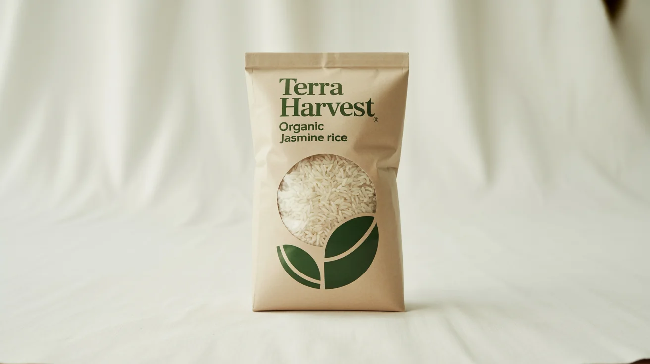 A product mockup of a bag of 'Terra Harvest' Organic Jasmine Rice. The packaging is made of eco-friendly kraft paper and is shown against a clean white background.