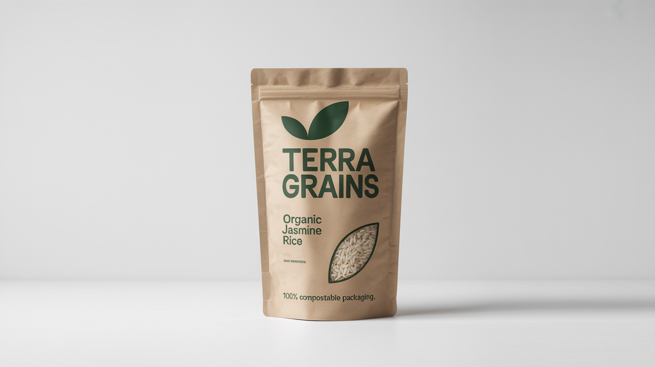 A studio mockup of eco-friendly rice packaging for 'Terra Grains Organic Jasmine Rice', made from brown kraft paper with a '100% Compostable Packaging' label, shown against a white background.