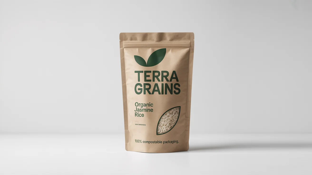 A studio mockup of eco-friendly rice packaging for 'Terra Grains Organic Jasmine Rice', made from brown kraft paper with a '100% Compostable Packaging' label, shown against a white background.