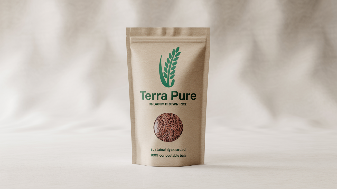 A studio mockup of an eco-friendly rice pouch from the brand 'Terra Pure', made of brown kraft paper with a clear window showing the rice, set against a white background.