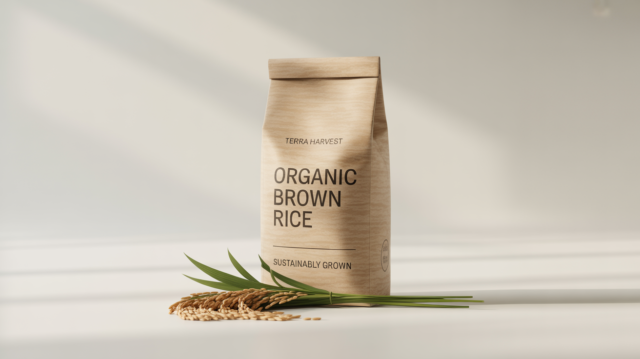 A minimalist product mockup of an eco-friendly kraft paper bag of 'Terra Harvest Organic Brown Rice' on a clean white background, with green leaves at its base.