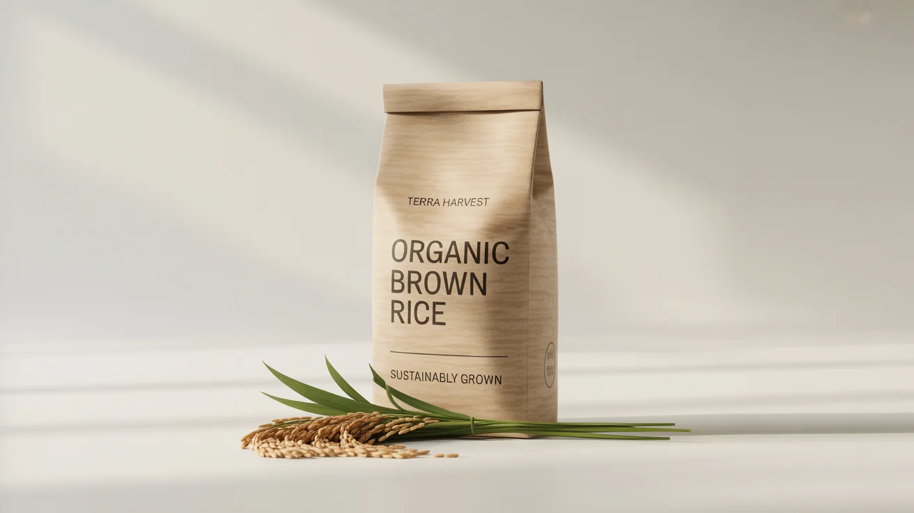 A minimalist product mockup of an eco-friendly kraft paper bag of 'Terra Harvest Organic Brown Rice' on a clean white background, with green leaves at its base.